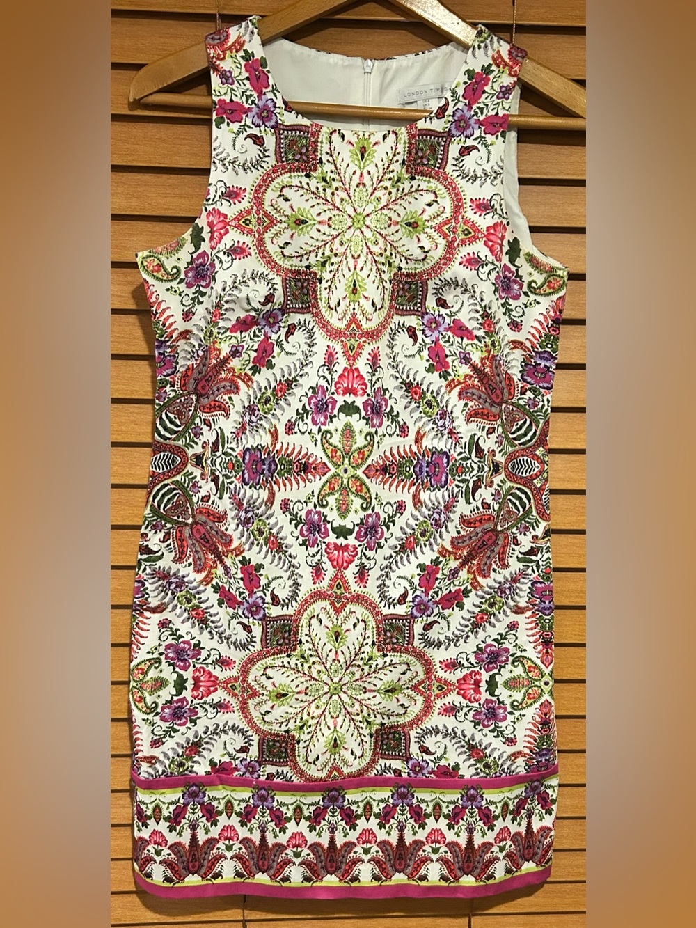 LIKE NEW London Times White Dress Pink, Purple & Green Floral Medallion Print